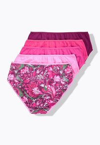 Ensemble de cinq paires de culottes pour femmes dans différentes nuances de rose, avec une paire présentant un motif floral et un tissu lisse et élastique.