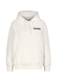Weißer Kapuzenpullover mit Kordelzug, vorderer Tasche und bedrucktem "CELESTIAL"-Text in Schwarz. Glatte Textur, lockere Passform, verstärkte Bündchen.