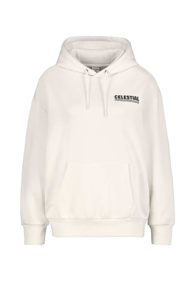 Weißer Kapuzenpullover mit Kordelzug, vorderer Tasche und bedrucktem "CELESTIAL"-Text in Schwarz. Glatte Textur, lockere Passform, verstärkte Bündchen.