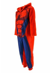 Red and blue onesie made of soft fleece material with a hood. Features a Spider-Man design on the front and long sleeves with cuffs.