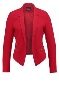 Blazer rouge ajusté avec des revers crantés, deux poches diagonales zippées et une longueur légèrement courte.