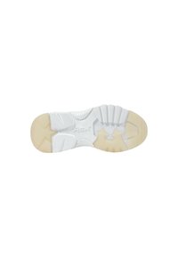 Suola di scarpa sportiva; prevalentemente bianca con accenti beige chiaro. Superficie testurizzata con una combinazione di gomma e schiuma per aderenza e ammortizzazione.