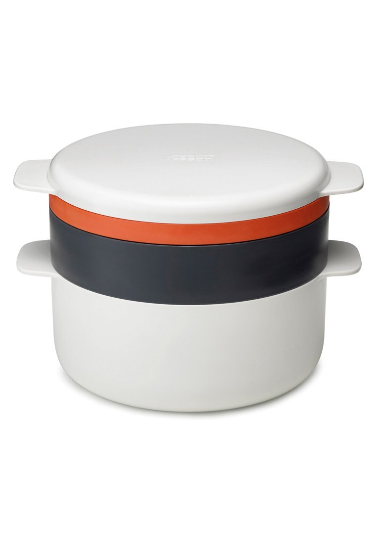 Ronde container met een witte basis, een donkergrijze en oranje band. Bevat twee zijhandvaten en heeft een gladde, glanzende afwerking met een platte deksel.
