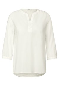 Witte blouse met lange mouwen en een ronde hals, halve knoopsluiting met drie knopen, en geraffineerde manchetten. Glad stof met een lichte glans.