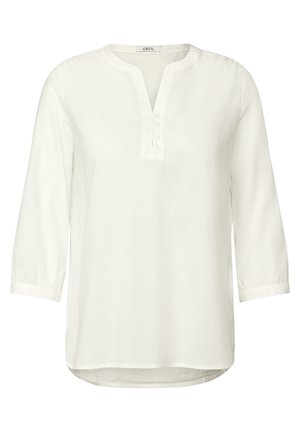 White long-sleeve blouse with a round neck, half-placket with three buttons, and gathered cuffs. Smooth fabric with a slight shine.