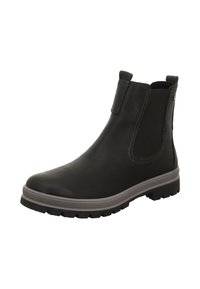 Stivaletto alla caviglia in pelle nera con bande elastiche, superficie testurizzata, suola in gomma grigia e dettagli cuciti. Presenta una linguetta posteriore per facilitare la calzata.