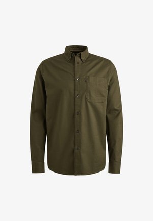 Maslinasto zelena košulja na dugih rukava s džepom na prsima i klasičnim ovratnikom. Izrađena od prozračnog materijala s glatkom teksturom.