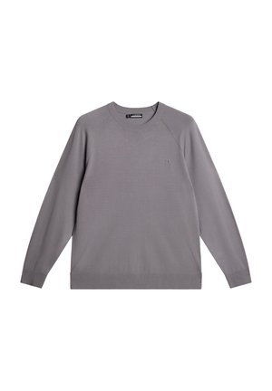 Hellgrauer Rundhalsausschnitt-Pullover mit gerippten Bündchen und Saum, der über eine glatte Textur und ein dezentes Logo-Detail auf der Brust verfügt.