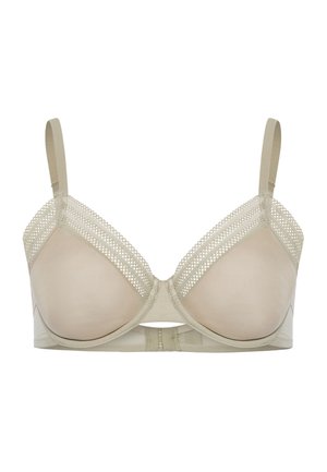 Beige polstret bh med blondekant langs de øverste kanter, justerbare stropper og lukning med hægte og øje bagpå.