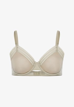 Beige polstret bh med blondekant langs de øverste kanter, justerbare stropper og lukning med hægte og øje bagpå.