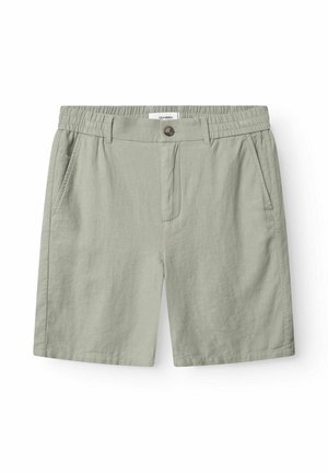 Jasnoszare, casualowe szorty z elastycznym pasem, zapięciem na guziki z przodu, szlufkami na pasek i bocznymi kieszeniami.