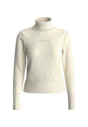 Cremfarbener Rollkragenpullover aus weichem Stoff, mit geripptem Saum und Bündchen. Zentrales "GUESS JEANS"-Logo in subtiler Drucktechnik.