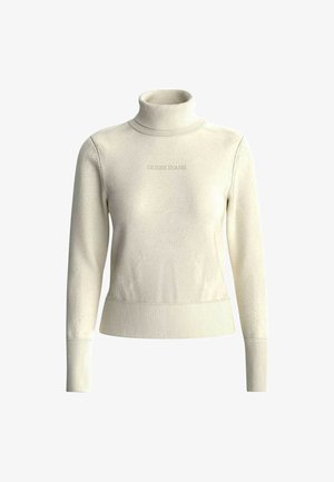 Cremfarbener Rollkragenpullover aus weichem Stoff, mit geripptem Saum und Bündchen. Zentrales "GUESS JEANS"-Logo in subtiler Drucktechnik.