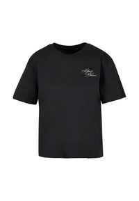 Black cotton t-shirt with short sleeves, crew neck, featuring a silver graphic text design on the left chest area.