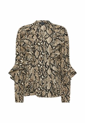 Blouse à manches longues avec un motif python en marron, crème et noir. Présente des manches à volants et une fermeture à boutons sur le devant. Texture de tissu douce.
