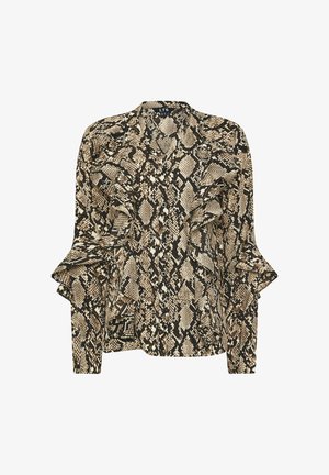 Langsleevige blouse met een slangenprint in bruin, roomkleurig en zwart. Voorzien van gerimpelde mouwen en een knoopsluiting aan de voorkant. Zachte stoftextuur.