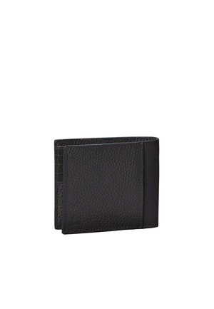 Black textured leather bi-fold wallet shown closed against a white background.