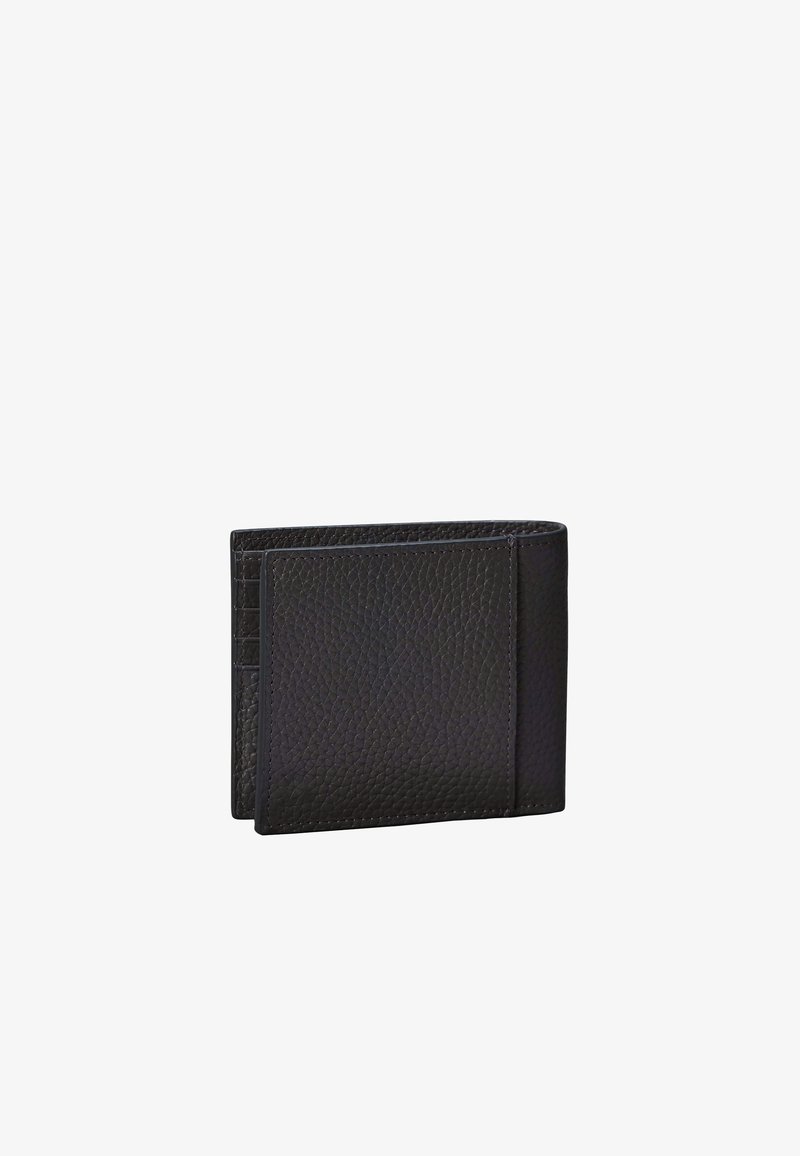 Portefeuille noir en cuir texturé pliant, montré fermé sur fond blanc.