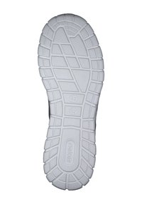 Valkoinen kumipohja kengänpohja, jossa on teksturoitu kulutuspinta, jossa on uria ja kohotettuja osia pidon lisäämiseksi, varustettuna koolla 42 ja brändin nimellä.