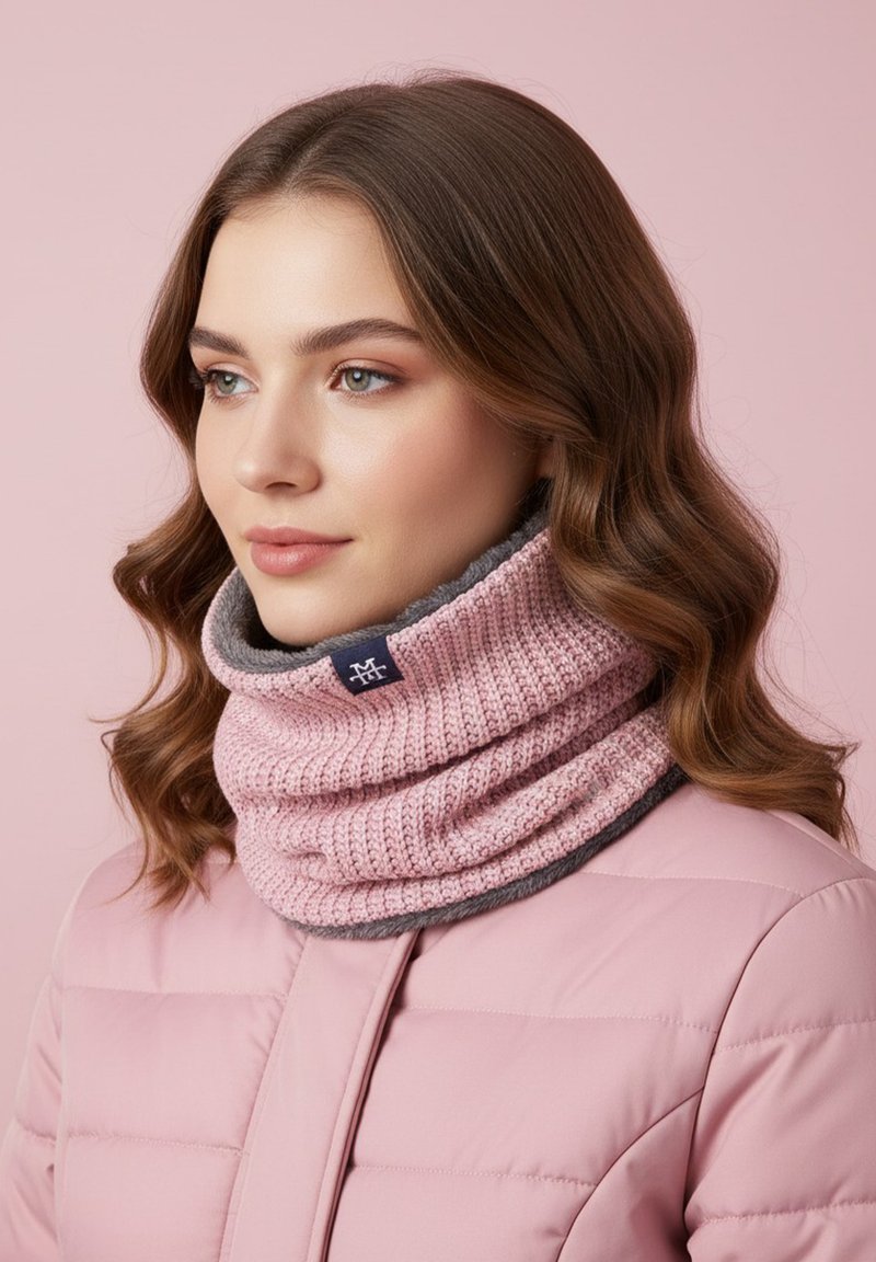 Knit infinity scarf in pink, featuring textured ribbing, complemented by a gray lining and a small logo tag, worn over a light pink jacket.