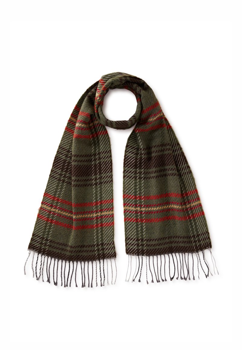 Sciarpa a quadri verde con strisce rosse e marroni, bordi sfrangiati, realizzata in morbida lana, con una texture leggera e intrecciata.