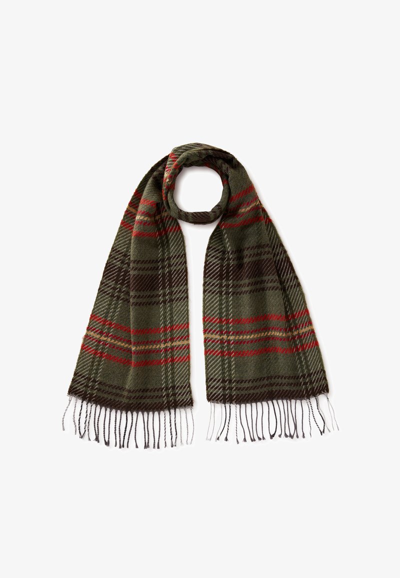 Sciarpa a quadri verde con strisce rosse e marroni, bordi sfrangiati, realizzata in morbida lana, con una texture leggera e intrecciata.