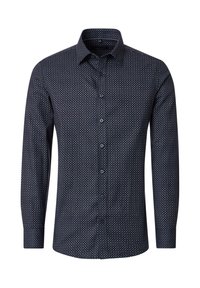Navy blue long-sleeve shirt featuring a small geometric pattern, button placket, and a classic collar. Made of textured fabric.