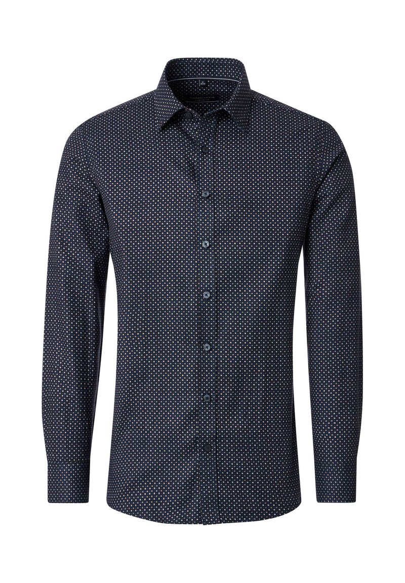 Navy blue long-sleeve shirt featuring a small geometric pattern, button placket, and a classic collar. Made of textured fabric.