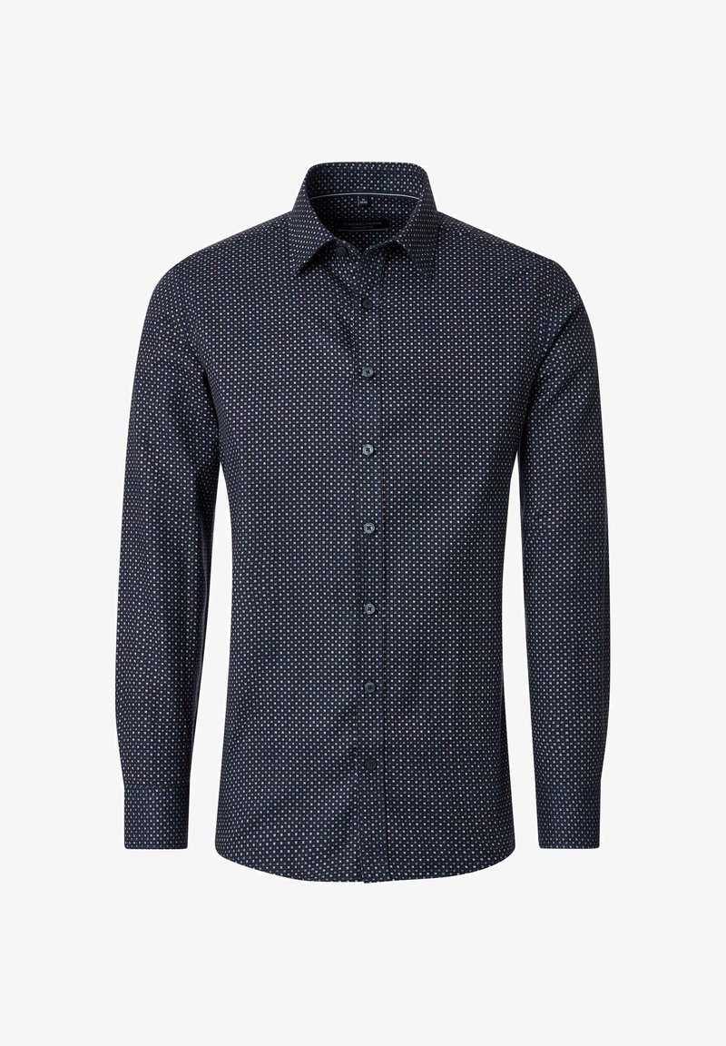 Navy blue long-sleeve shirt featuring a small geometric pattern, button placket, and a classic collar. Made of textured fabric.