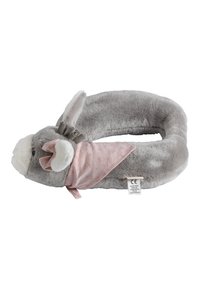Gray plush neck pillow shaped like a donkey, featuring floppy ears, a pink bandana with floral patterns, and a soft, textured surface.