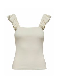 Ribbet, cremefarvet tanktop med firkantet halsudskæring og skulderflæser. Tætsiddende design fremhæver formen og teksturen af stoffet.