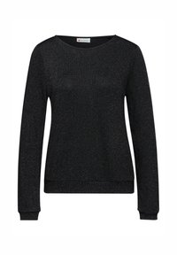 Černá mikina s dlouhými rukávy a kulatým výstřihem, vyrobená z texturované látky s jemným leskem. Má žebrované manžety a lem.