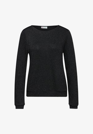 Langærmet sort sweatshirt med rund halsudskæring, lavet af et struktureret stof med en diskret glans. Har ribbet manchetter og kant.