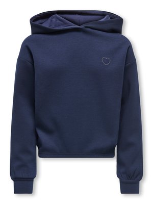 Marineblauwe cropped hoodie met lange mouwen, elastische manchetten en een klein geborduurd hartje op de linkerborst.