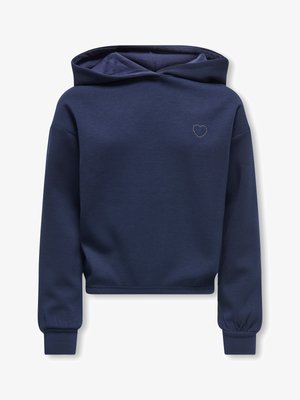 Granatowa krótka bluza z kapturem z długimi rękawami, elastycznymi mankietami i małym wyszywanym serduszkiem na lewej piersi.