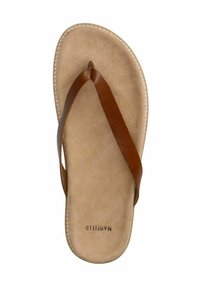 Tongs en cuir marron avec des fines lanières, une semelle intérieure en suède beige et un bord blanc cousu. Design minimaliste sans embellissements supplémentaires.