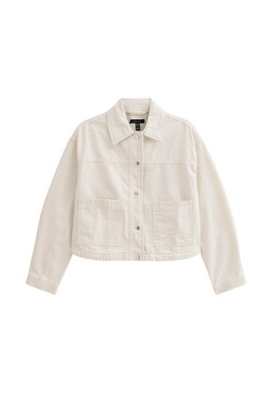 Light beige cropped denim jacket with a pointed collar, two front pockets, and snap button closure. It features a smooth texture and casual design.