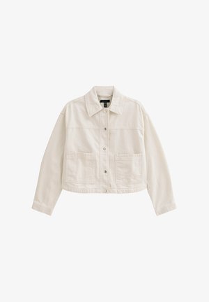 Light beige cropped denim jacket with a pointed collar, two front pockets, and snap button closure. It features a smooth texture and casual design.