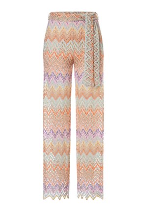 Sequin trousers featuring a zigzag pattern in orange, lavender, and mint green, with a high waist and wide-leg design.