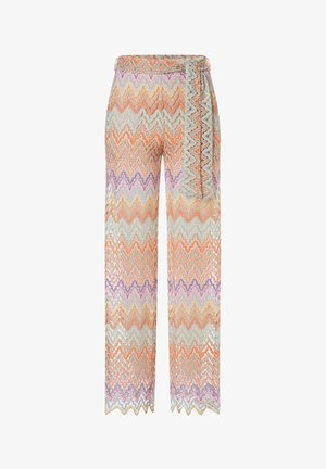 Pailletten-Hosen mit einem Zickzackmuster in Orange, Lavendel und Mintgrün, mit einer hohen Taille und weitem Bein-Design.