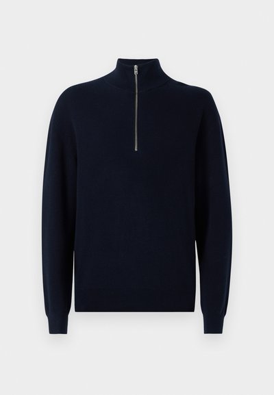 Marineblauer Strickpullover mit hohem Kragen und Viertelreißverschluss. Rippstruktur an Ärmeln und Körper, mit lockerer Passform und standardmäßigen Saum.