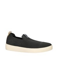 Sneaker nera slip-on con tomaia in maglia testurizzata, suola in gomma bianca e marchio impresso. Presenta un accento dorato sul tallone.