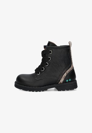 Black leather ankle boot with textured finish, round toe, laces, and decorative accents in glitter and teal on the heel. Flat rubber sole.