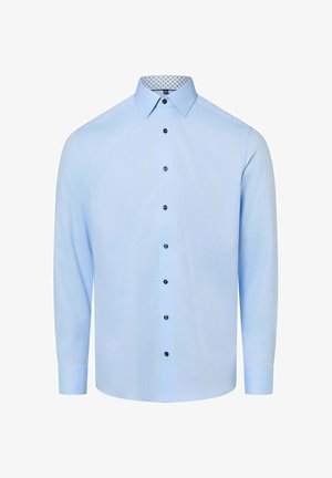 Camicia azzurro chiaro a maniche lunghe con bottoni neri, collo strutturato e fodera interna del collo a motivo. Tessuto liscio, vestibilità classica.