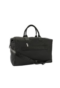 Sac de sport en nylon noir avec des poignées doubles, une bandoulière amovible, une poche zippée à l'avant et un logo de la marque. Texture lisse avec un design minimaliste.