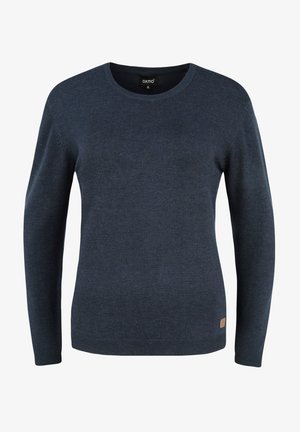 Navy blue knitted sweater with long sleeves, round neckline, ribbed cuffs and hem, featuring a small branded label on the lower side.