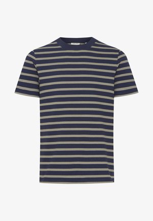 T-shirt à rayures à manches courtes en bleu marine et beige, fabriqué en tissu texturé, avec un col rond et une coupe regular.