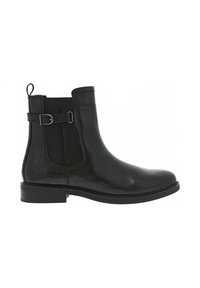 Bottine en cuir noir avec une finition lisse, panneau latéral élastique, boucle en métal décorative et un talon légèrement texturé.
