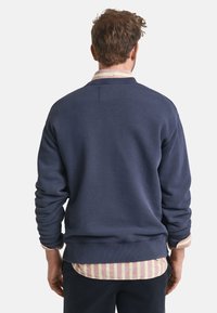 Man in een donkerblauwe sweatshirt over een lichtroze en gele gestreepte blouse, staand met de rug naar de camera tegen een effen witte achtergrond.