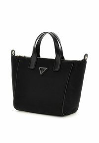 Schwarze Nylon-Shopper-Tasche mit zwei oberen Tragegriffen, silbernem Metallzubehör, Reißverschluss und einem dreieckigen Logo-Plakette auf der Vorderseite. Minimalistisches Design.